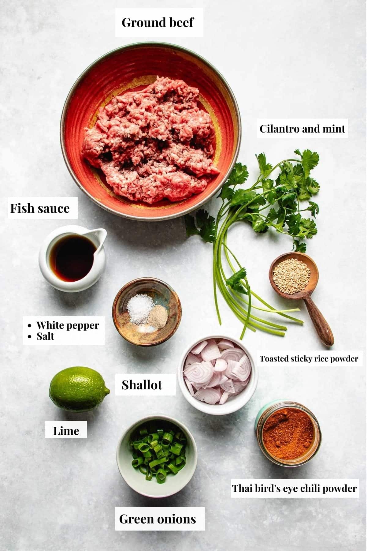 Photo shows ingredients needed to make authentic beef larb.