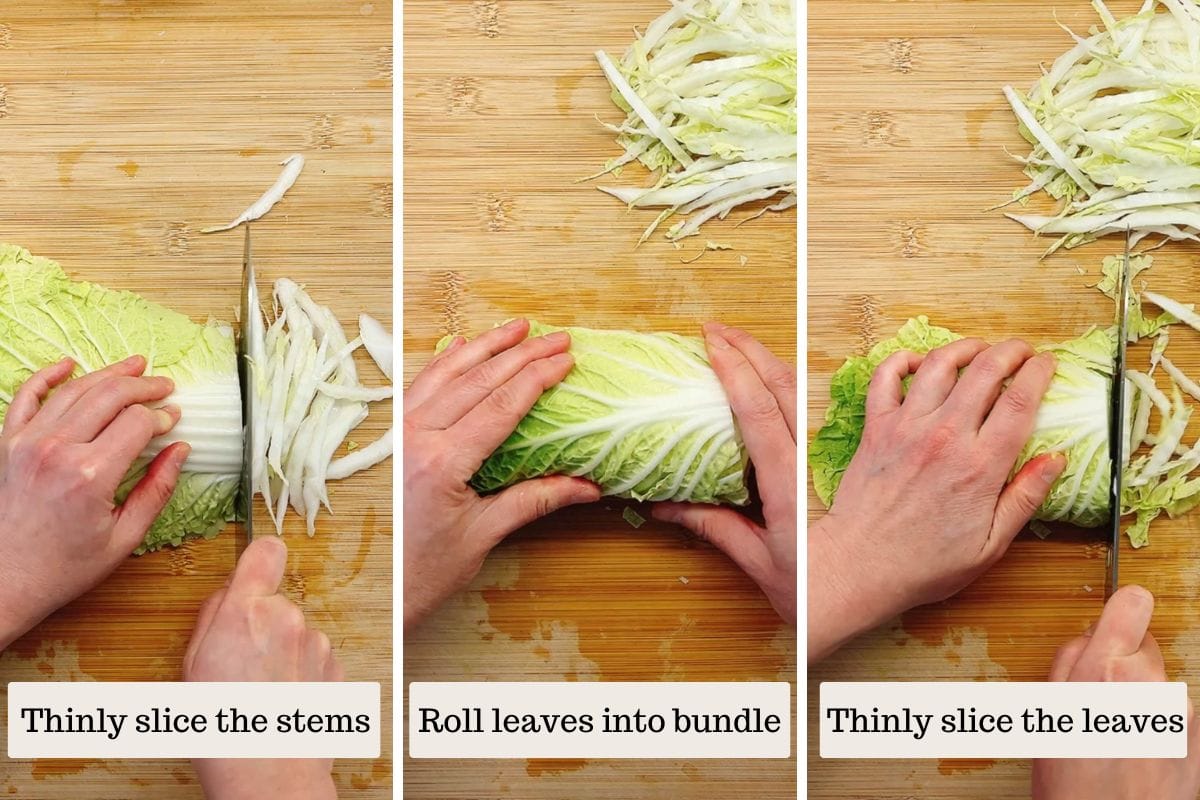 Person demos how to slice napa cabbage stems and leaves to thin shreds for slaw use.