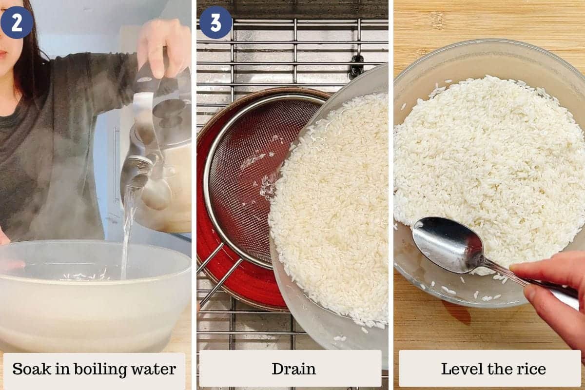 Person demos how to soak sweet rice before microwaving.