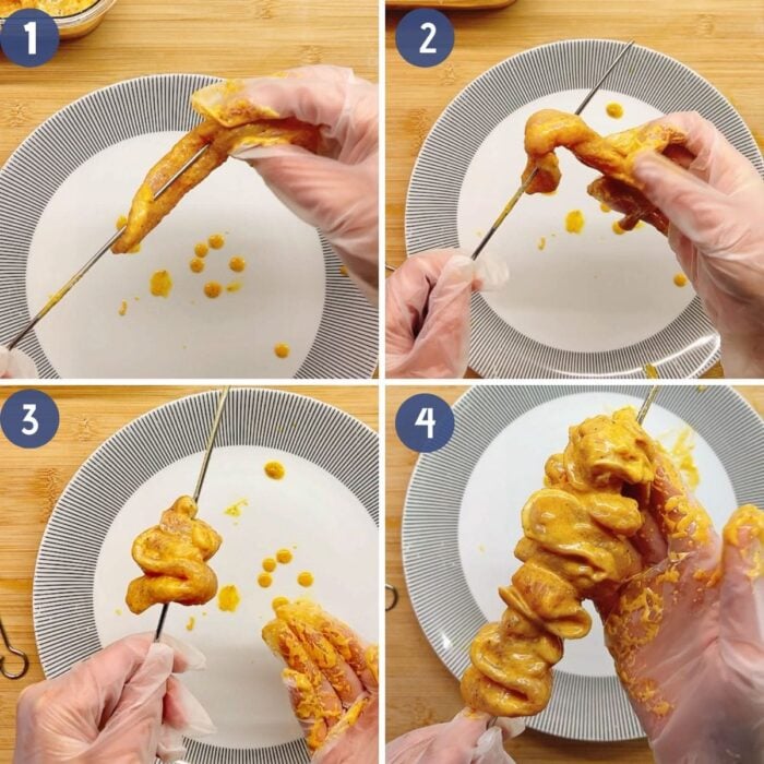 A four-step collage shows gloved hands threading marinated chicken pieces onto a skewer, twisting and layering to create a spiral effect—perfect for making Healthy bang bang chicken skewers before grilling or cooking.