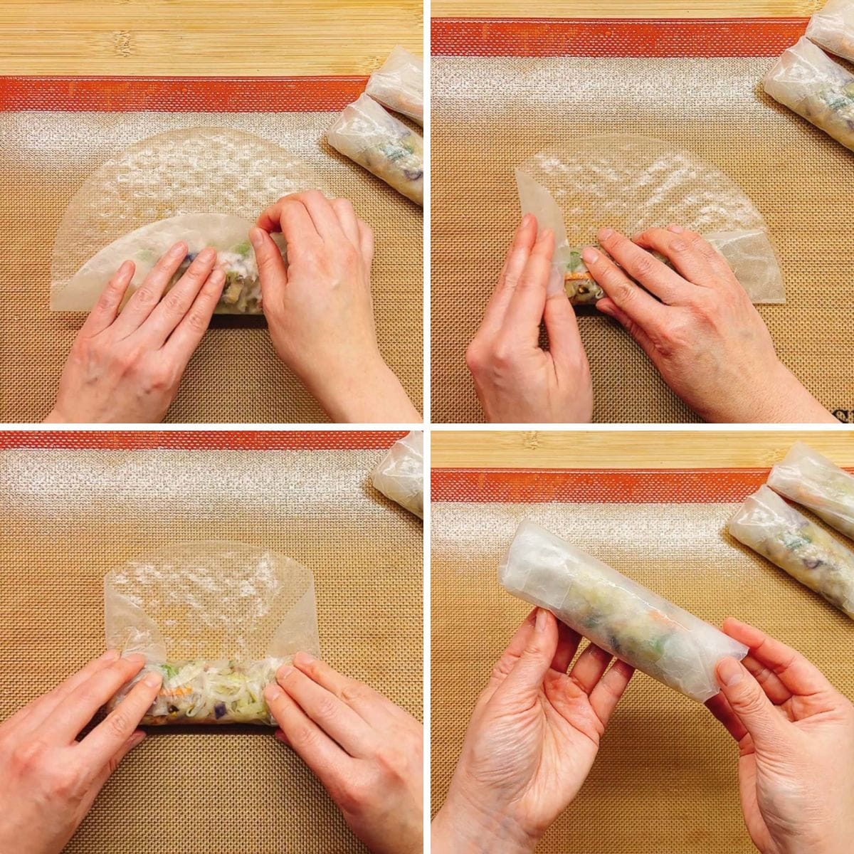 Person demos how to roll rice paper sheets to make rolls.