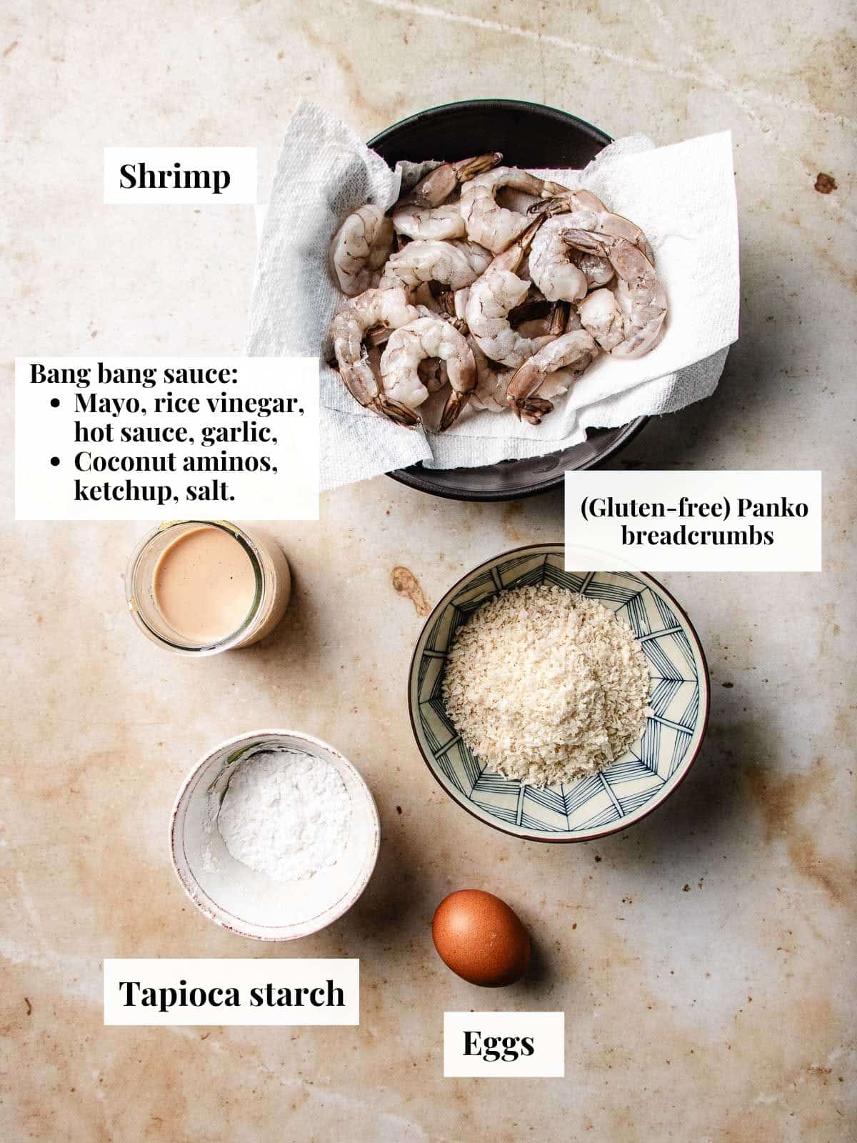 Image shows ingredients for making bang bang shrimp.