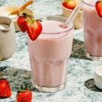 Recipe image shows strawberrymilk blended with dairy-free almond milk.