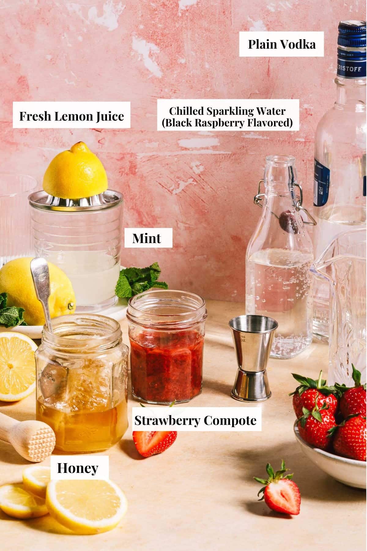 Image shows what you can mix with strawberry vodka with fresh fruit ingredients.