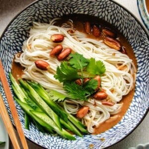 An overhead shot image shows a blue and white color bowl with boiled cold noodles inside with Peanut butter sauce and veggies on the side.