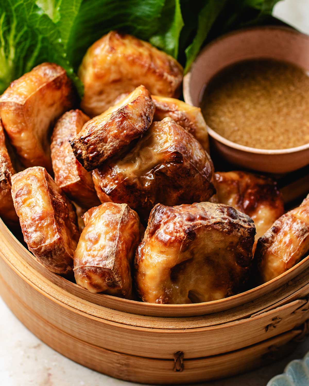 A close side shot shows super puffed fresh tofu with dipping sauce on the side.