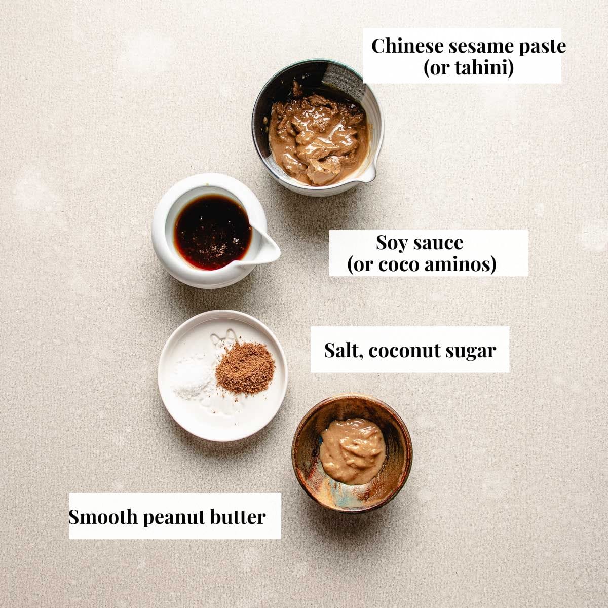 Image shows ingredients used for Taiwanese sesame sauce for cold noodles.