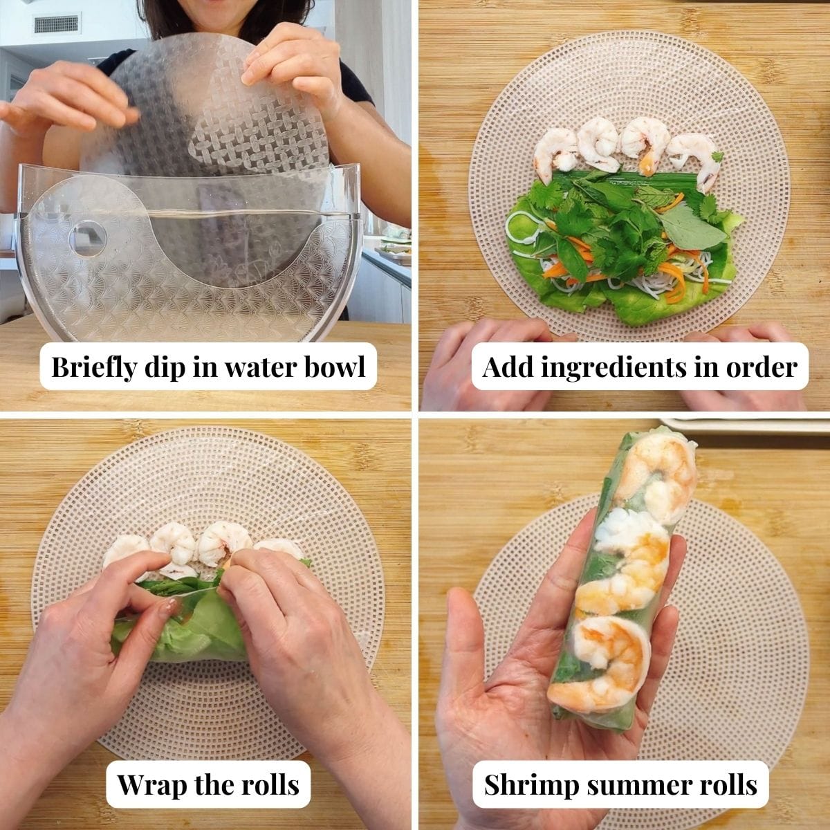 Person demos how to make Vietnamese soft spring rolls with shrimp.