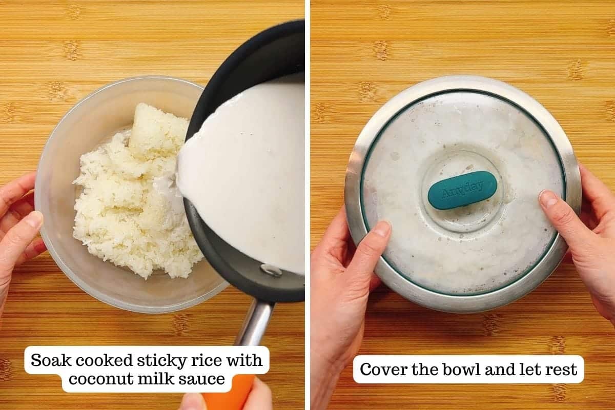 Person demos how to make mango sticky rice.