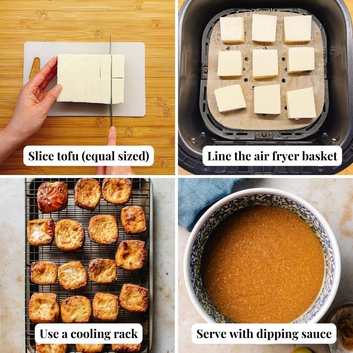 Person demos how to make tofu puffs in an air fryer.