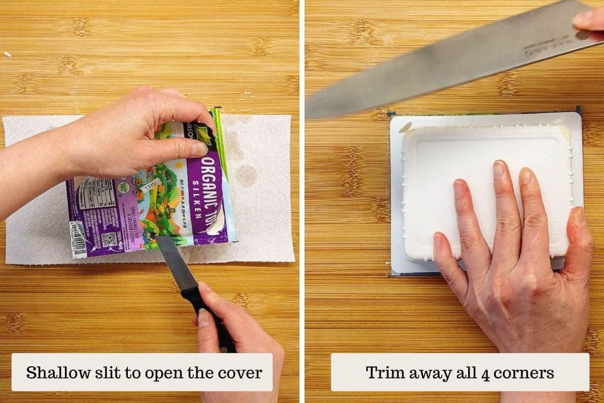 Person demos how to remove silken tofu from the packaging without damaging it.