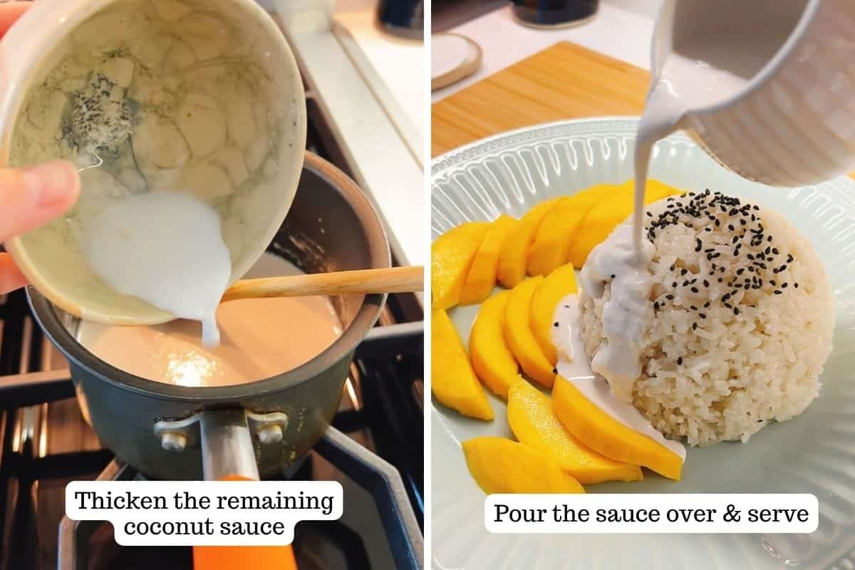 Person demos making sticky rice sauce with sweet coconut milk.