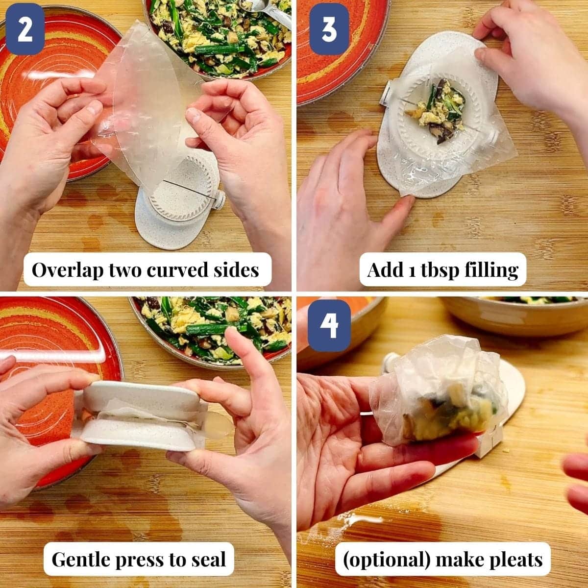 Person demos how to wrap dumplings with rice paper sheets.