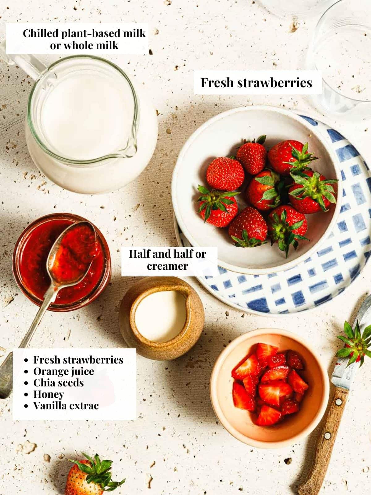 Ingredient photo shows fresh strawberries, strawberry compote, and cold milk used.