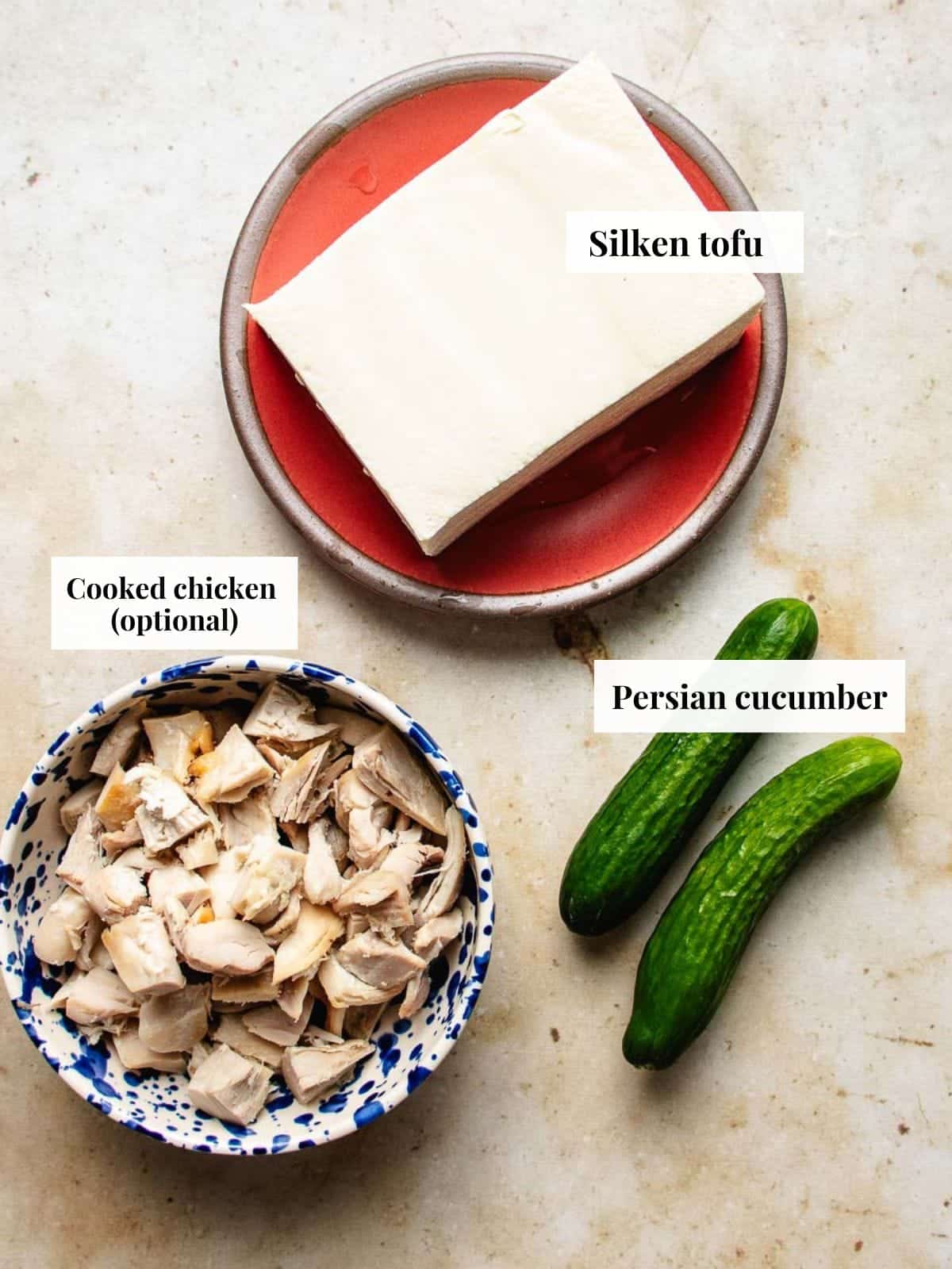 Photo shows ingredients needed to assemble the silken tofu dish.