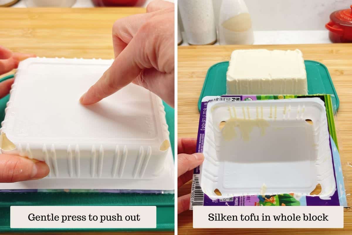 Person demos how to properly take silken tofu out of the container box.