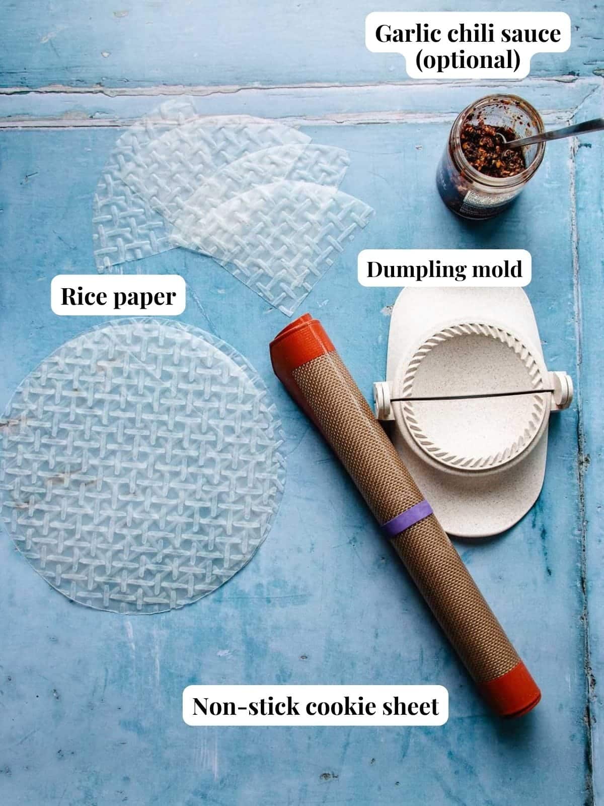 Image shows helpful tools used to wrap dumplings with rice wrapper.