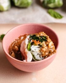 Feature image shows a small pink bowl filled with Vietnamese peanut sauce and there's a spring roll dipped into the sauce.