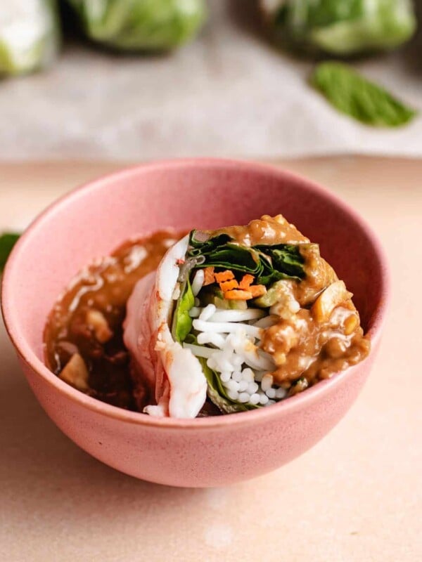 Feature image shows a small pink bowl filled with Vietnamese peanut sauce and there's a spring roll dipped into the sauce.