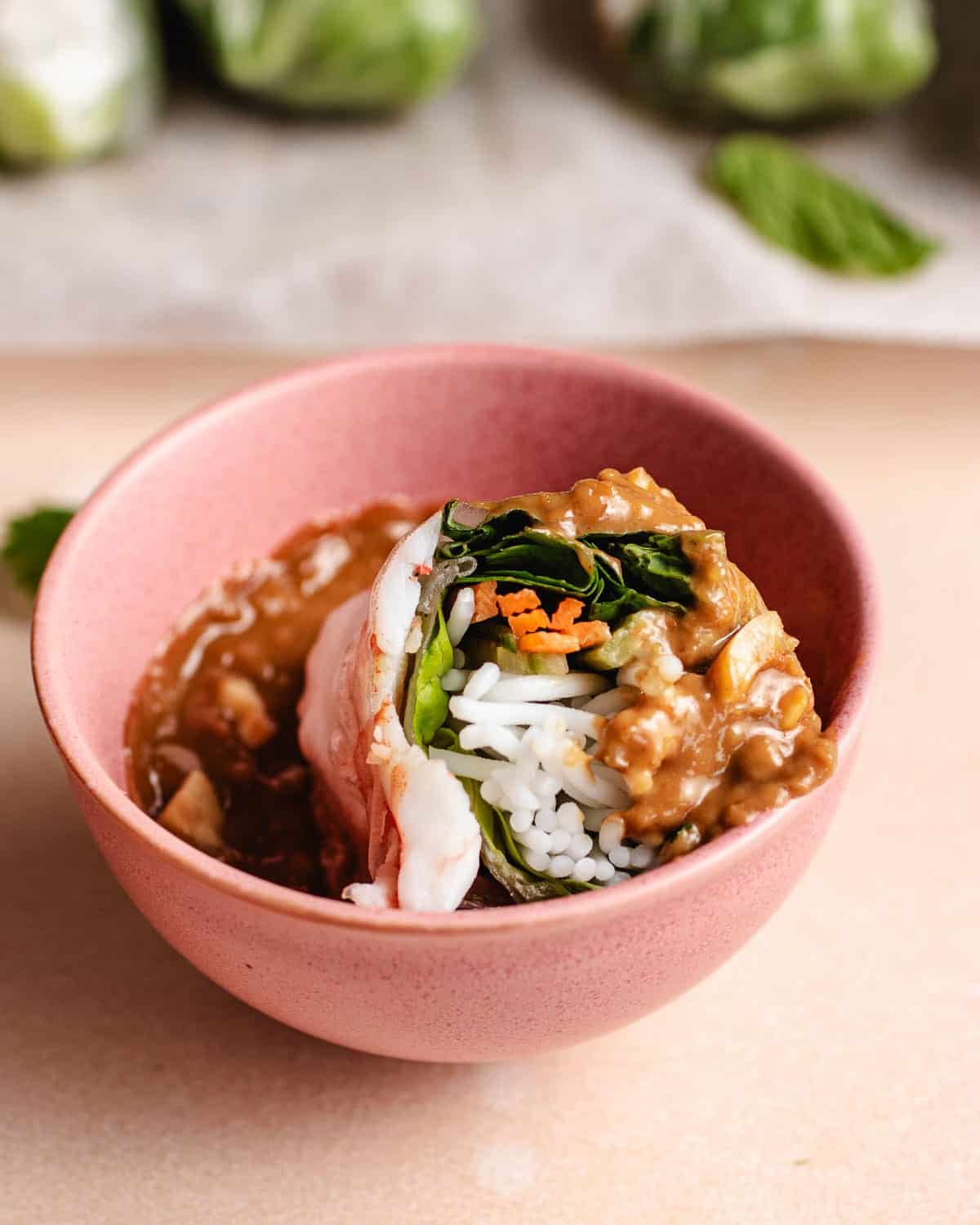 Feature image shows a small pink bowl filled with Vietnamese peanut sauce and there's a spring roll dipped into the sauce.