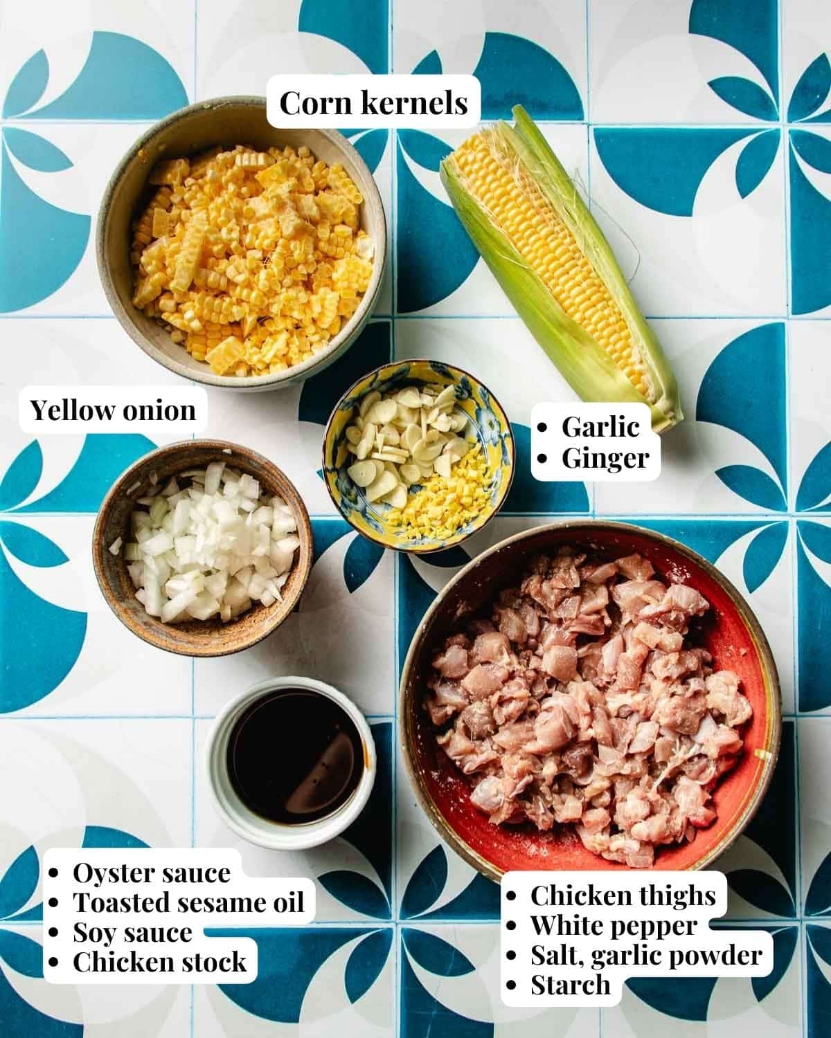 Image shows ingredients needed for chicken and corn stir fry.