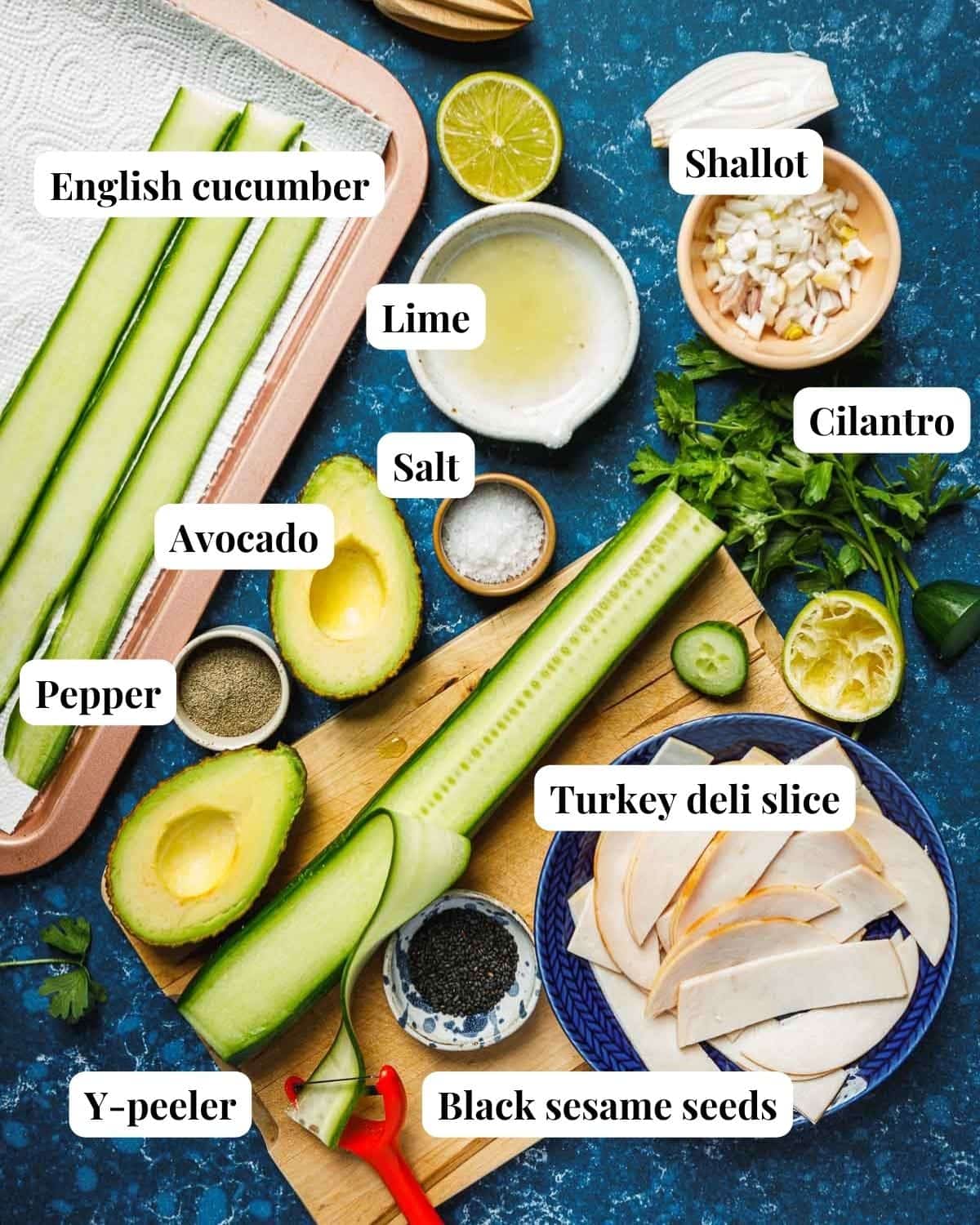 Image shows ingredients and tool used to make rolled cucumbers.