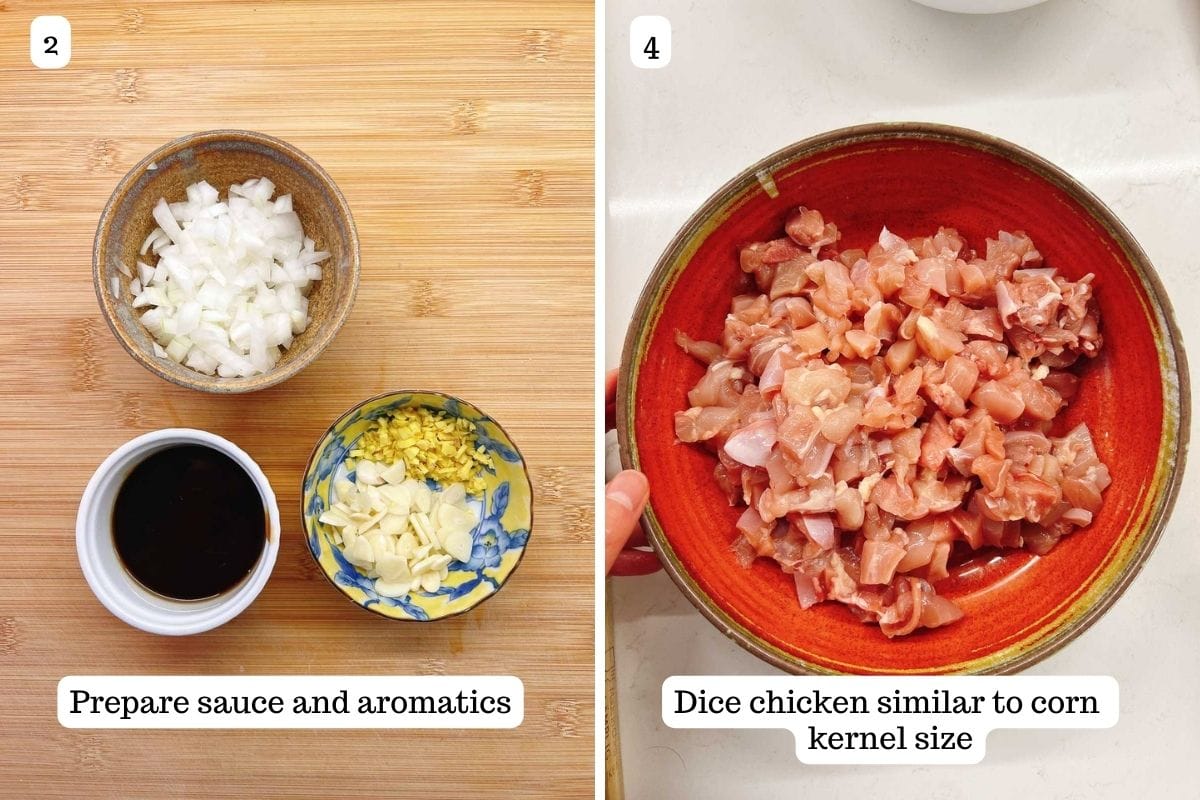 Person demos preparing chicken, aromatics, and stir fry sauce before cooking.