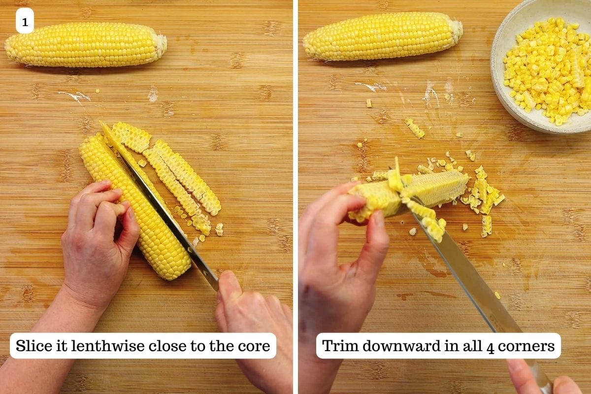 Person demos how to cut corn kernels from the cob.