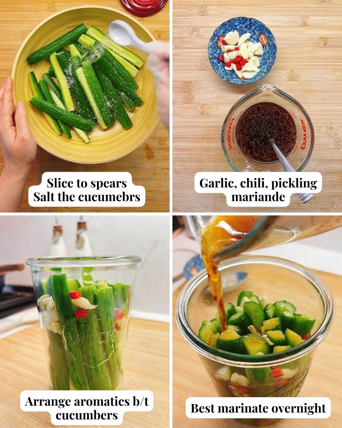 Person demos how to make cucumber pickled with Asian marinade.