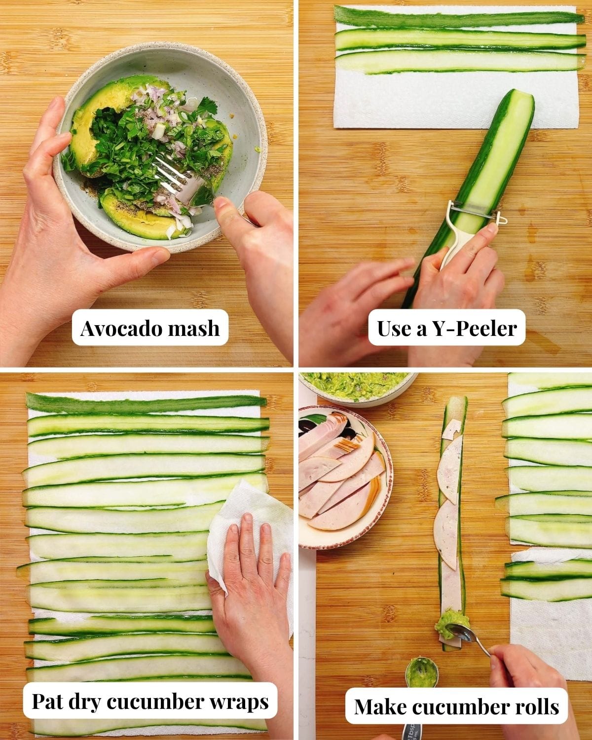 Person demos how to make cucumber roll up.