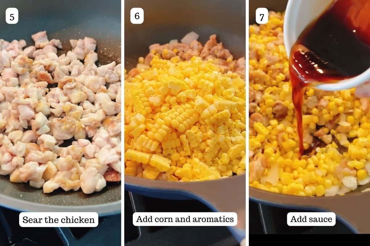 Person demos how to saute corn kernels and how long to cook them.