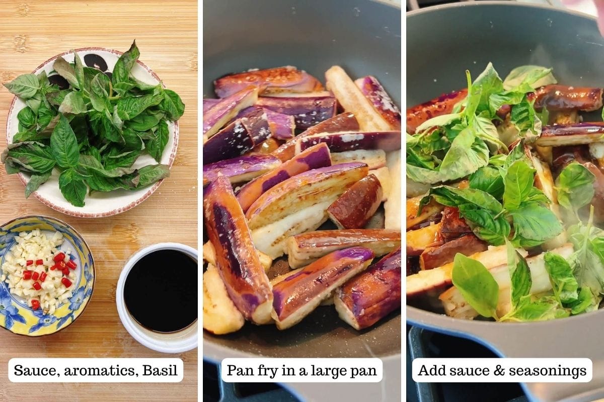 Person demos how to make Thai basil eggplant.