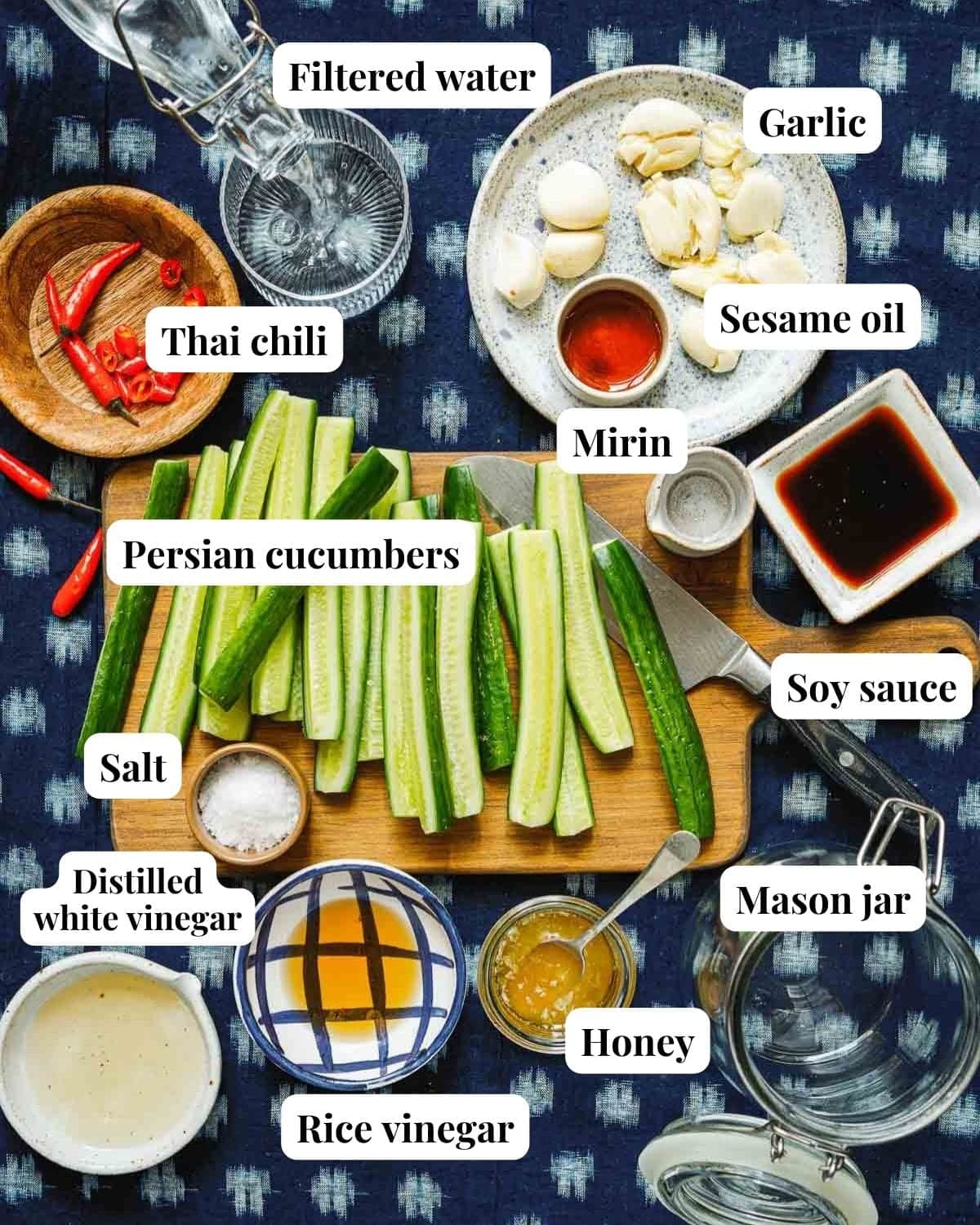 Photo shows ingredients needed to make Asian pickled cucumbers.