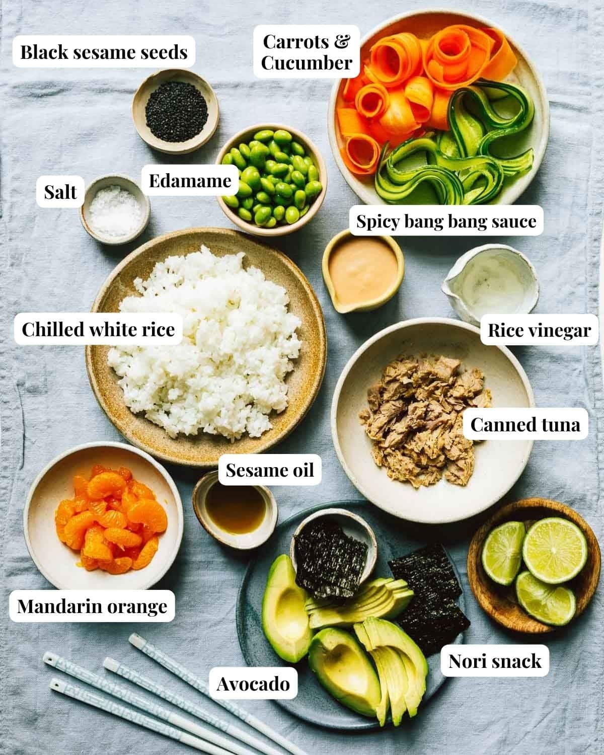 Photo shows ingredients needed to make spicy tuna rice bowl.