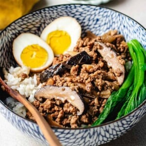 A side close shot shows Braised Taiwanese minced pork rice bowl.