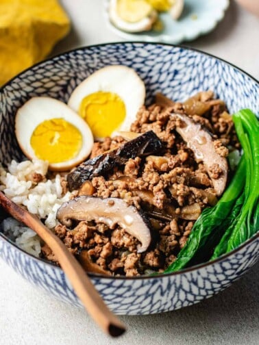 A side close shot shows Braised Taiwanese minced pork rice bowl.