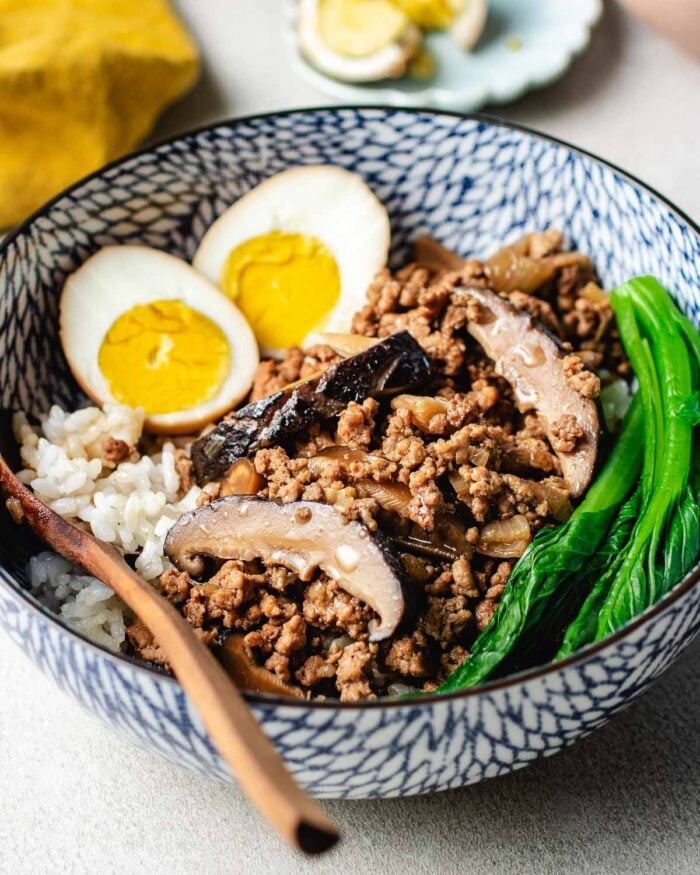 A side close shot shows Braised Taiwanese minced pork rice bowl.