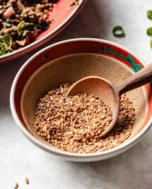 Feature image shows a bowl with toasted rice powder made with glutinous rice as a topping for Thai larb.