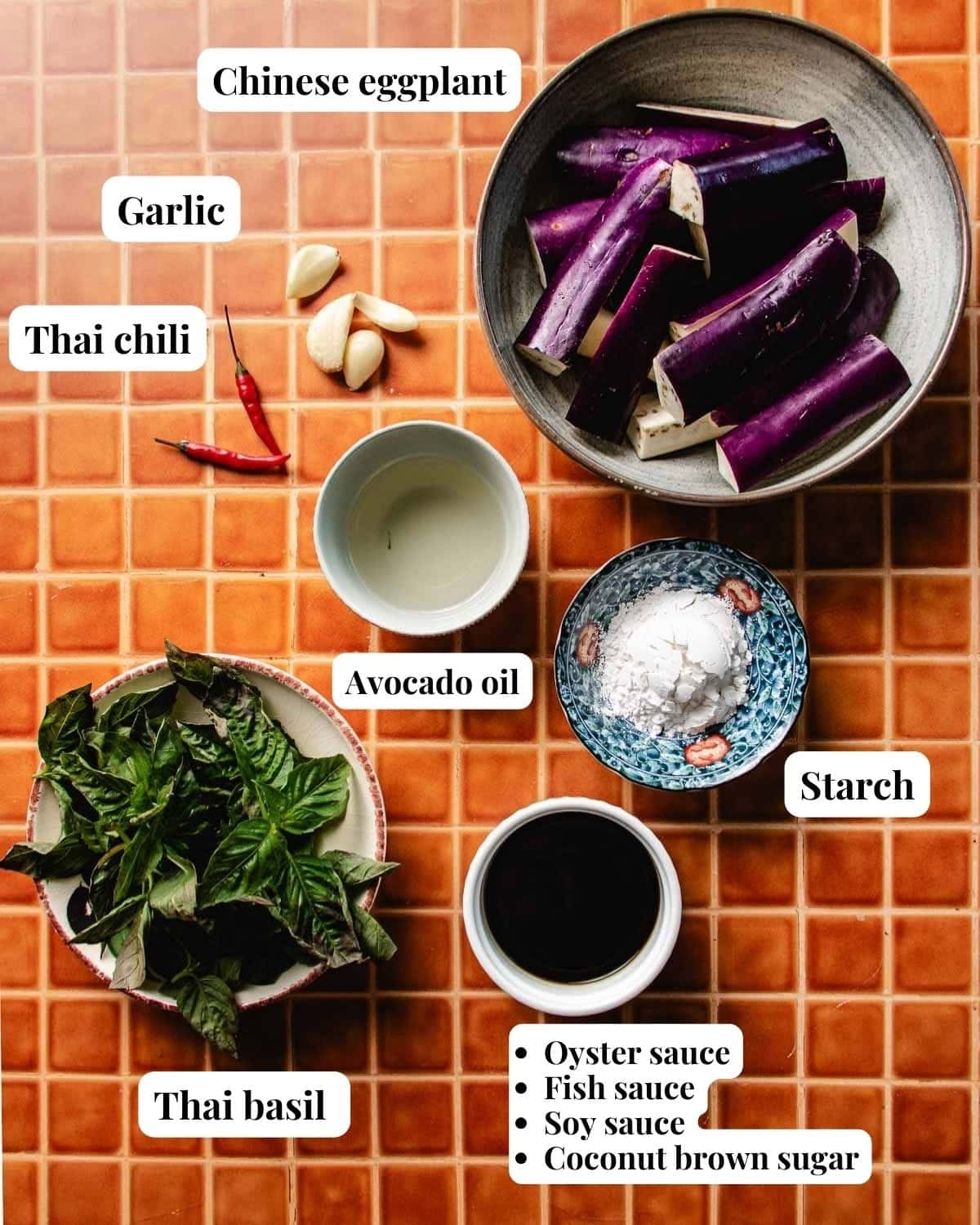 Image shows eggplants, Thai basil, sauce, and seasonings to make the dish.