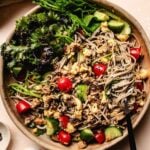 A vibrant soba noodle salad, this cold soba noodle salad recipe features soba noodles tossed with ground meat, scrambled eggs, cherry tomatoes, cucumber, and leafy greens, topped with black sesame seeds. A black fork rests in the bowl.