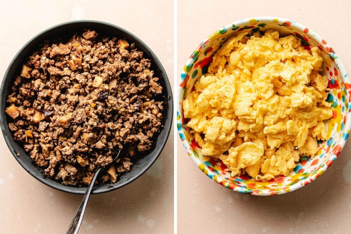 Side-by-side image of a bowl of cooked ground meat with diced vegetables on the left, and a colorful bowl of scrambled eggs on the right. Perfect companions for any cold noodle salad recipe. A spoon is in the bowl on the left.
