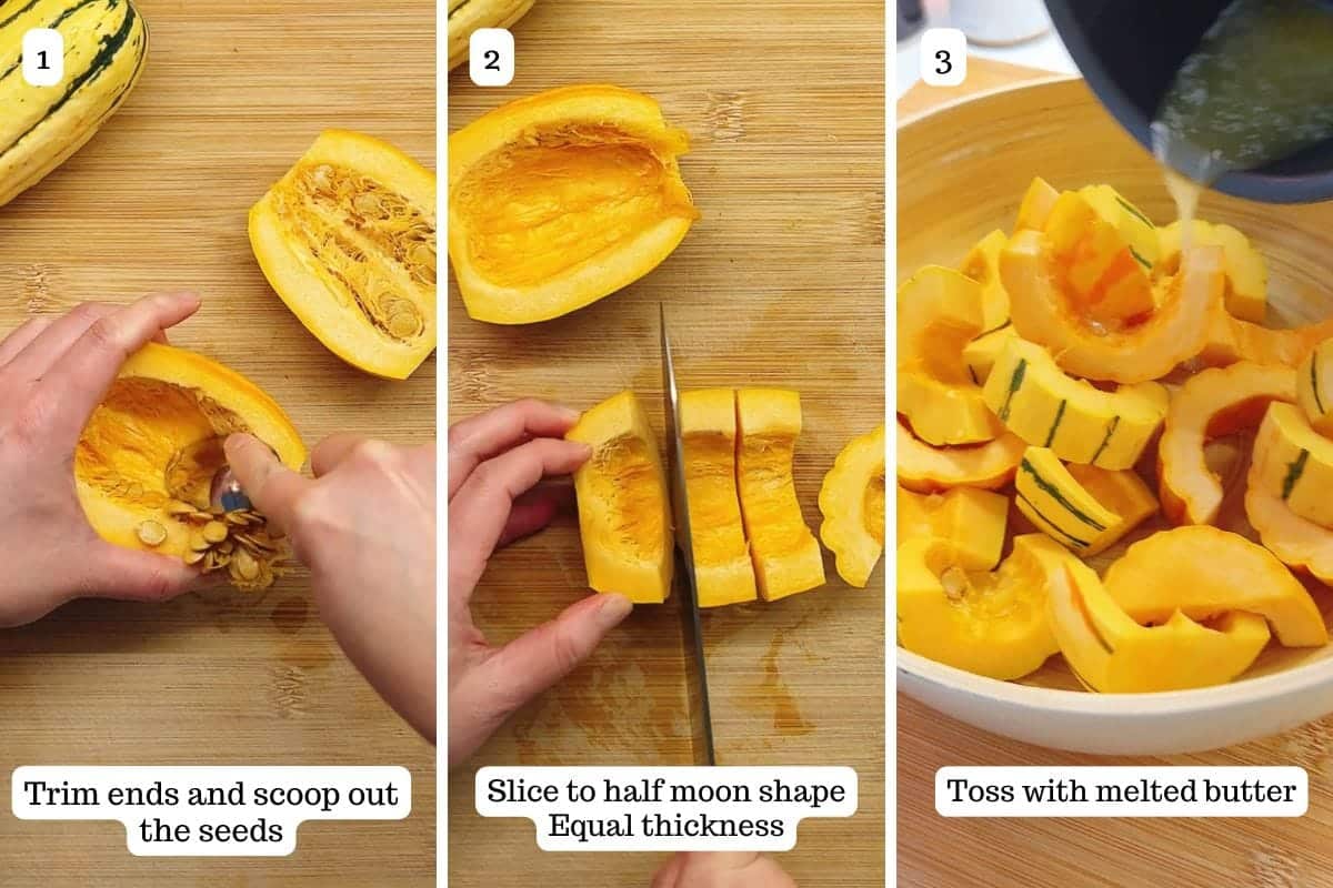 Person demos how to prepare and cut delicata squash.