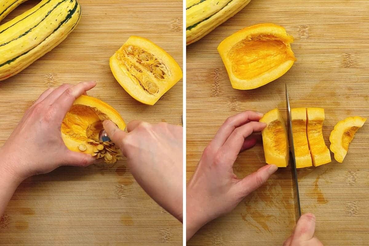 Two images show hands preparing delicata squash on a wooden board: on the left, seeds are being scooped out; on the right, the squash is being sliced into pieces, ready to make delicious air fried delicata squash.