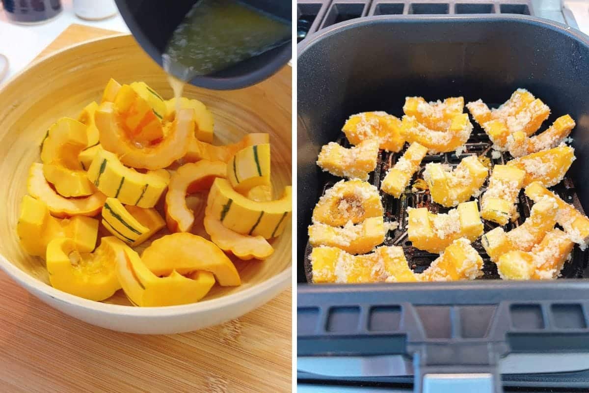 Left: Chopped delicata squash in a bowl with oil being poured on. Right: Delicata squash pieces coated with seasoning arranged in an air fryer basket in upward standing position, ready to create perfectly crispy delicata squash in air fryer.
