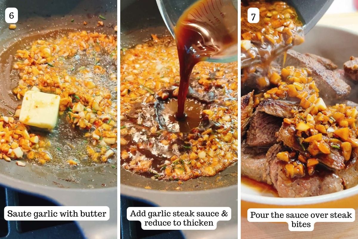 Person demos making garlic butter sauce for the garlic beef bites.