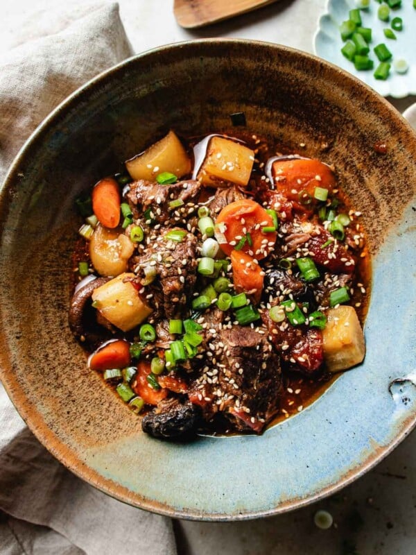 Image shows a bowl of Chinese braised beef stew with daikon and carrots.