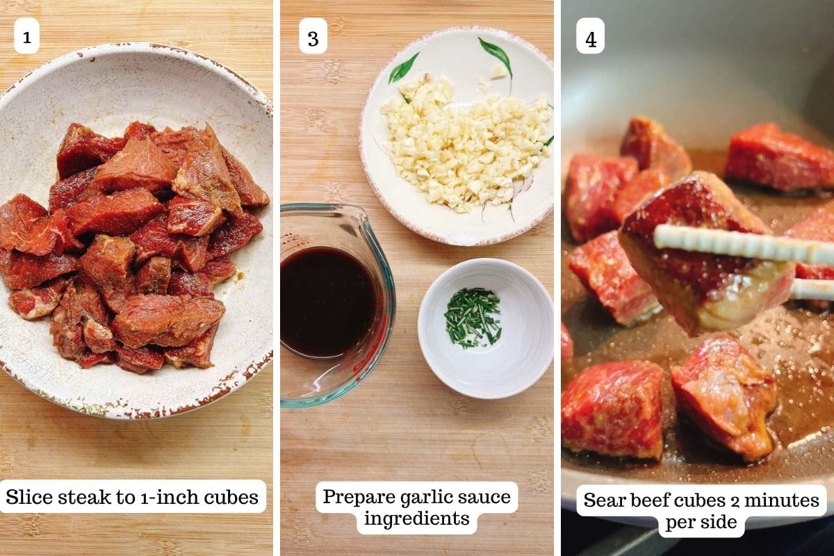 Person demos how to slice, marinate, and sear the steak bites.