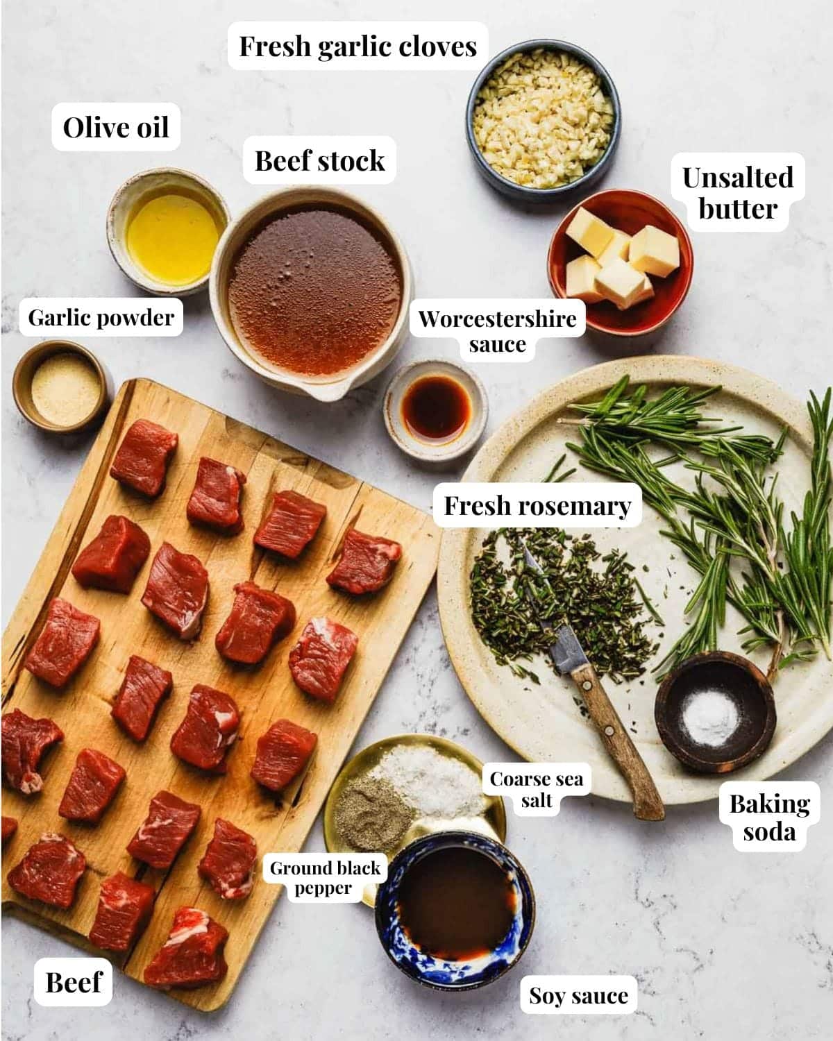 Photo shows ingredients, steak, and marinade used to make steak bites.