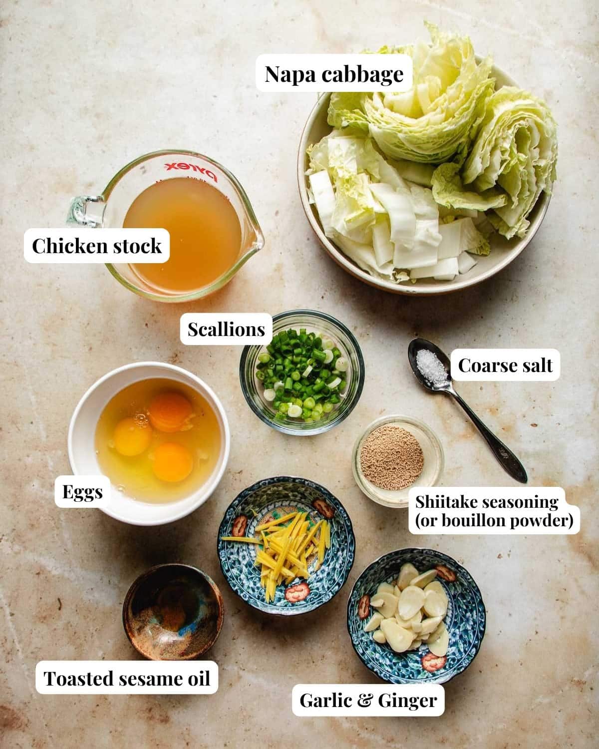 Photo shows simple ingredients to make napa soup.