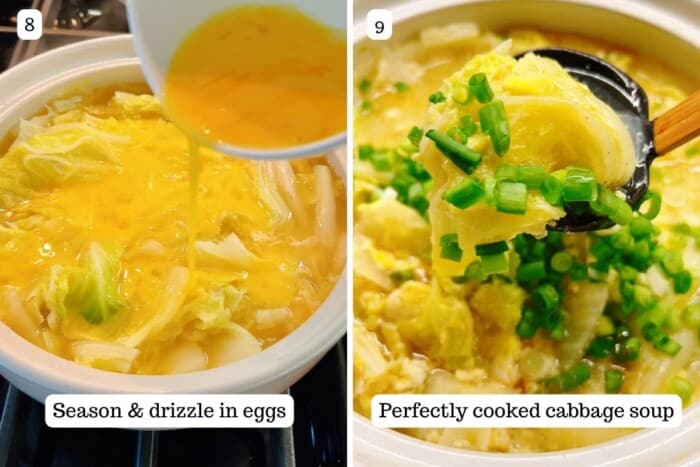 Person demos how to season and serve Asian cabbage soup.